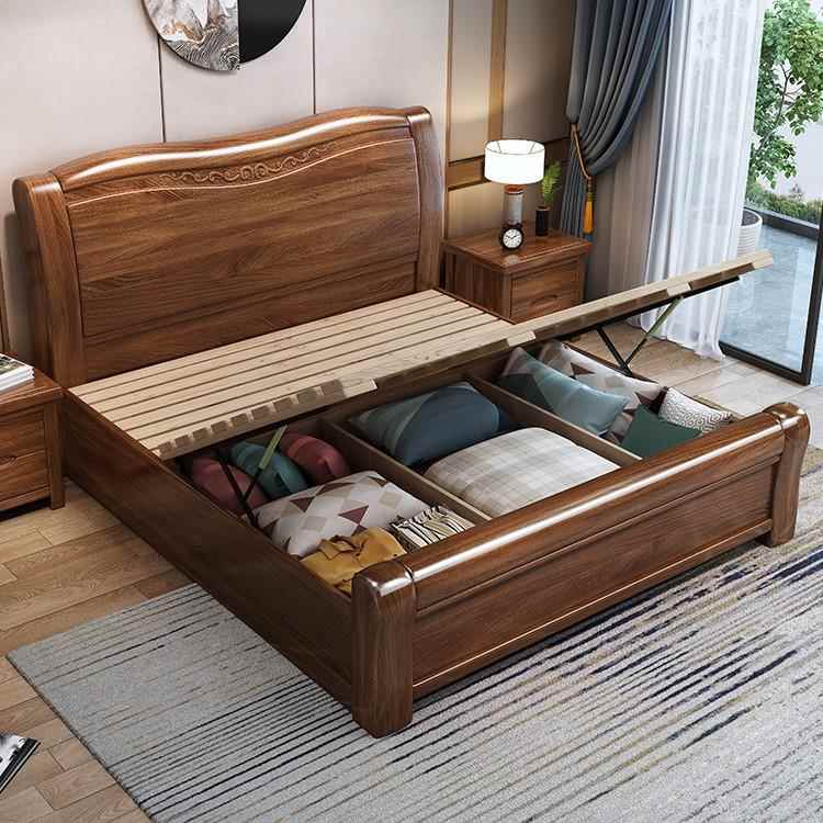 桃木新中式1.8胡米主卧床现代简约1.5高M双实木床单人人箱FUF储物