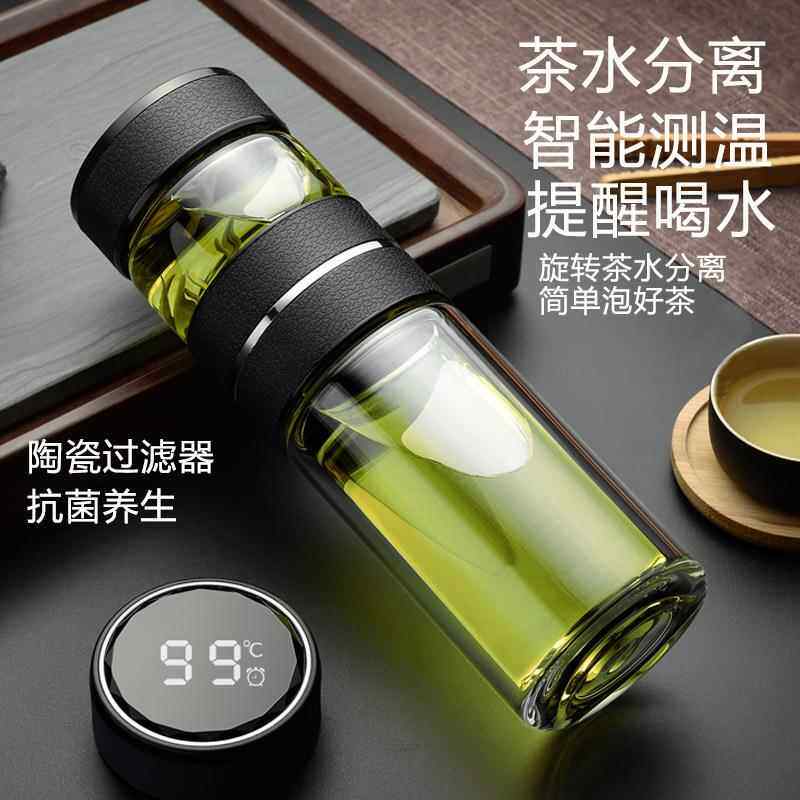 测温智能双层玻璃杯茶水分离泡茶杯男女便携透明隔热水杯子保温杯