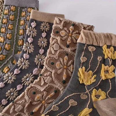 5 Pairs 3D Floral Textured Socks, Retro Court Style All-matc