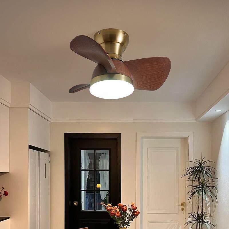 中古风卧室客厅餐厅风扇迷你吊灯原木吸顶风扇灯静音护眼胡桃木色