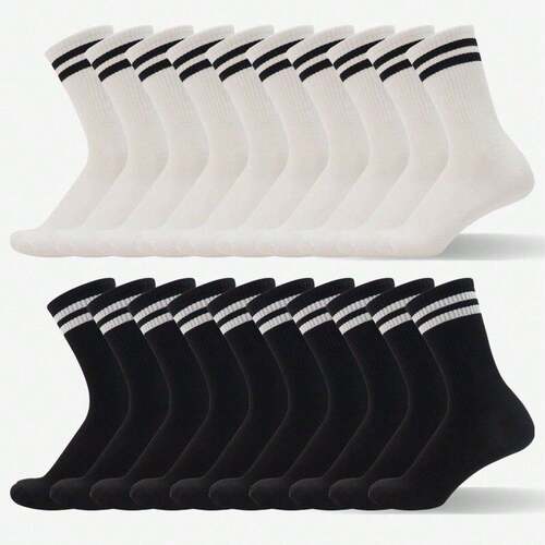 20 Pairs Crew Socks – Black White Striped Cotton Socks for