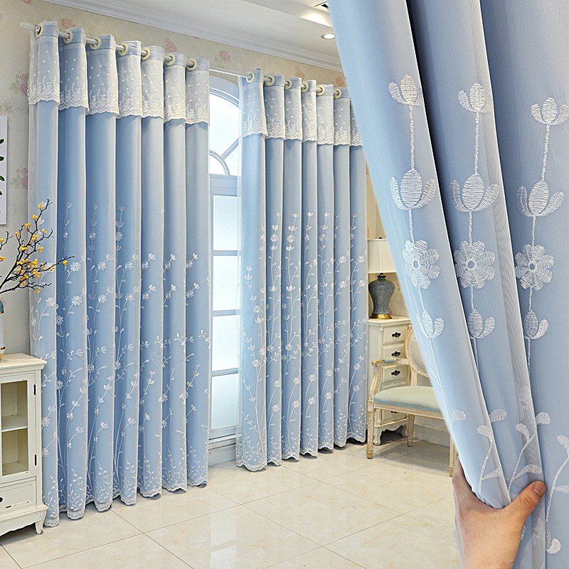 窗帘遮光成品绣花卧室客厅双层带纱飘窗田园清新现代简约阳台落地
