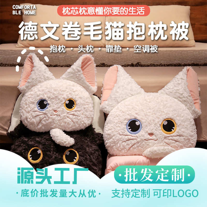 午睡靠枕二合一可爱批被抱多功能卷毛猫咪德文汽车枕两用靠垫毯子