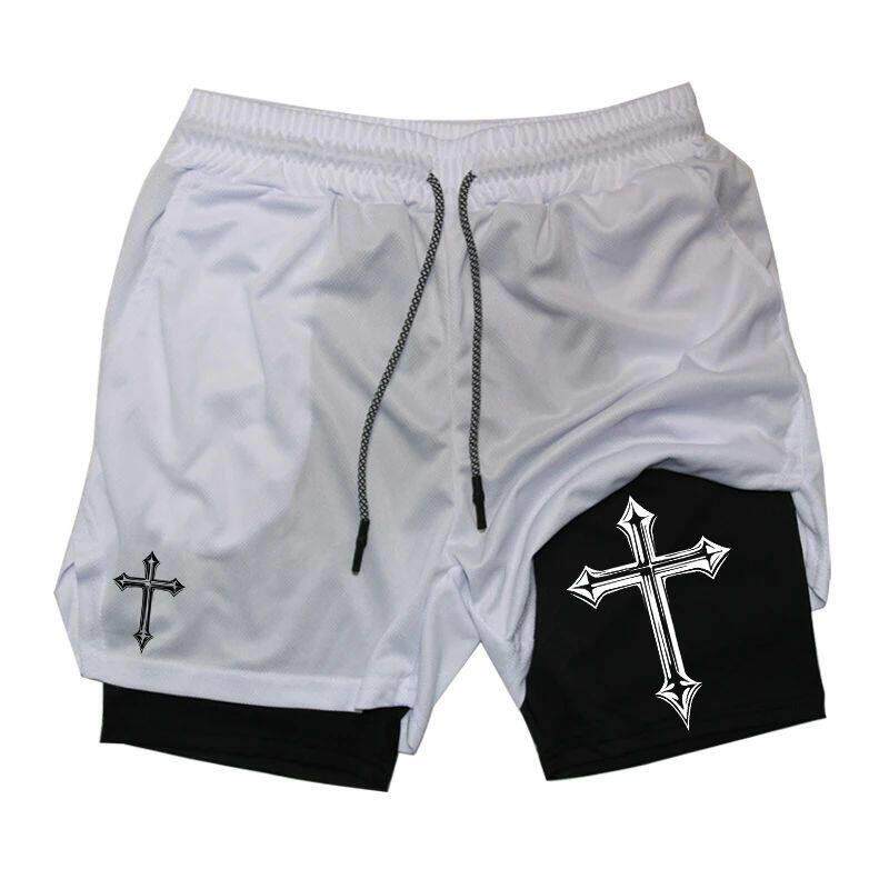 Cross Print 2 in 1 Workout Running Shorts for Men Gym Athle