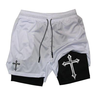 Cross Print 2 in 1 Workout Running Shorts for Men Gym Athle