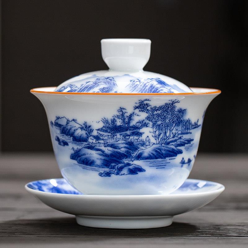 盖碗大号青花瓷三才杯陶瓷敬茶碗茶杯三炮台泡茶山水功夫茶具白瓷