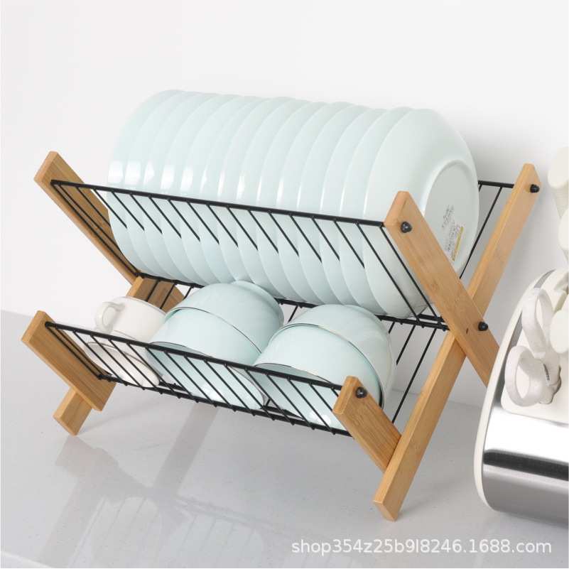 新款竹制折叠碗碟架 厨房沥水置物架 日式竹碳钢家用收纳碗架