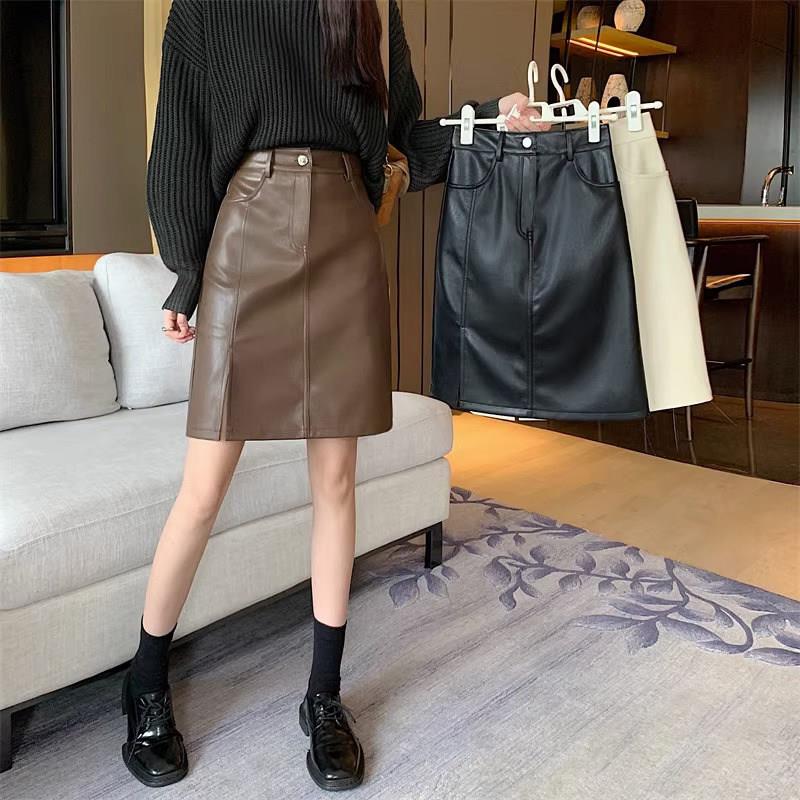 皮裙半身裙女秋冬2025新款高腰a字大码显瘦中长款开叉包臀一步裙