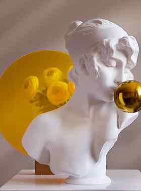 北欧现代简约金色蓝色吹泡泡少女孩雕像艺术摆件轻奢雕塑软装饰品