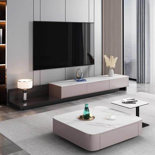 现代简约岩板茶几电视柜组合可伸缩家用客厅小户型正方形茶几桌子