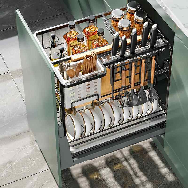 调味拉篮厨房橱柜304不锈钢柜内双层抽屉式厨柜调料轨道收纳碗篮