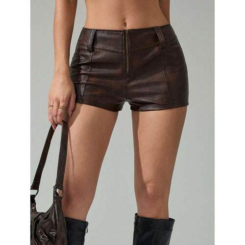 O 24371 Leather Tight Wrap Hip Shorts 皮革紧身包臀热裤