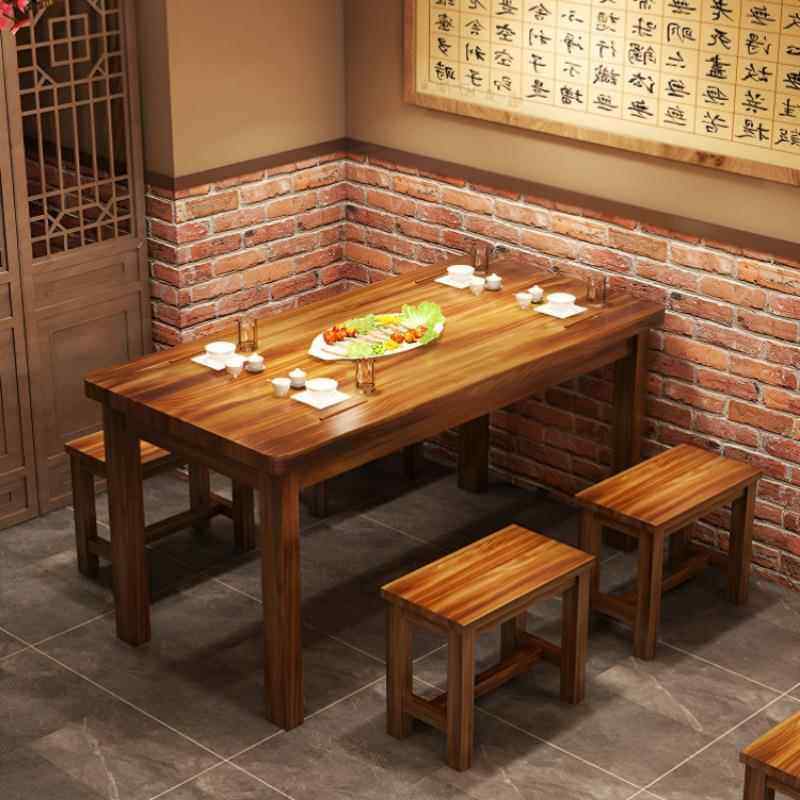 实木碳化桌饭店桌椅组合快餐小吃店烧烤桌子面馆长条桌碳化木桌椅