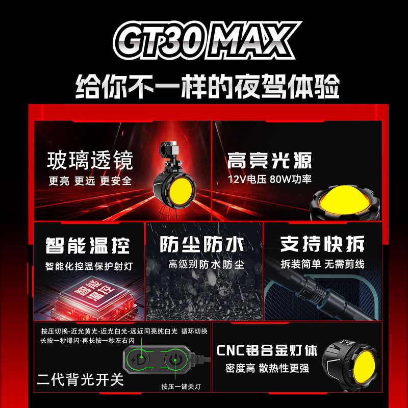 石栏摩托车LED射灯GT30MAX矩阵切线透镜80W远近光黄白光高亮改装