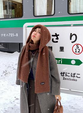 定制款~韩系针织连帽围巾配大衣女巴拉克拉法帽防风帽子围脖一体