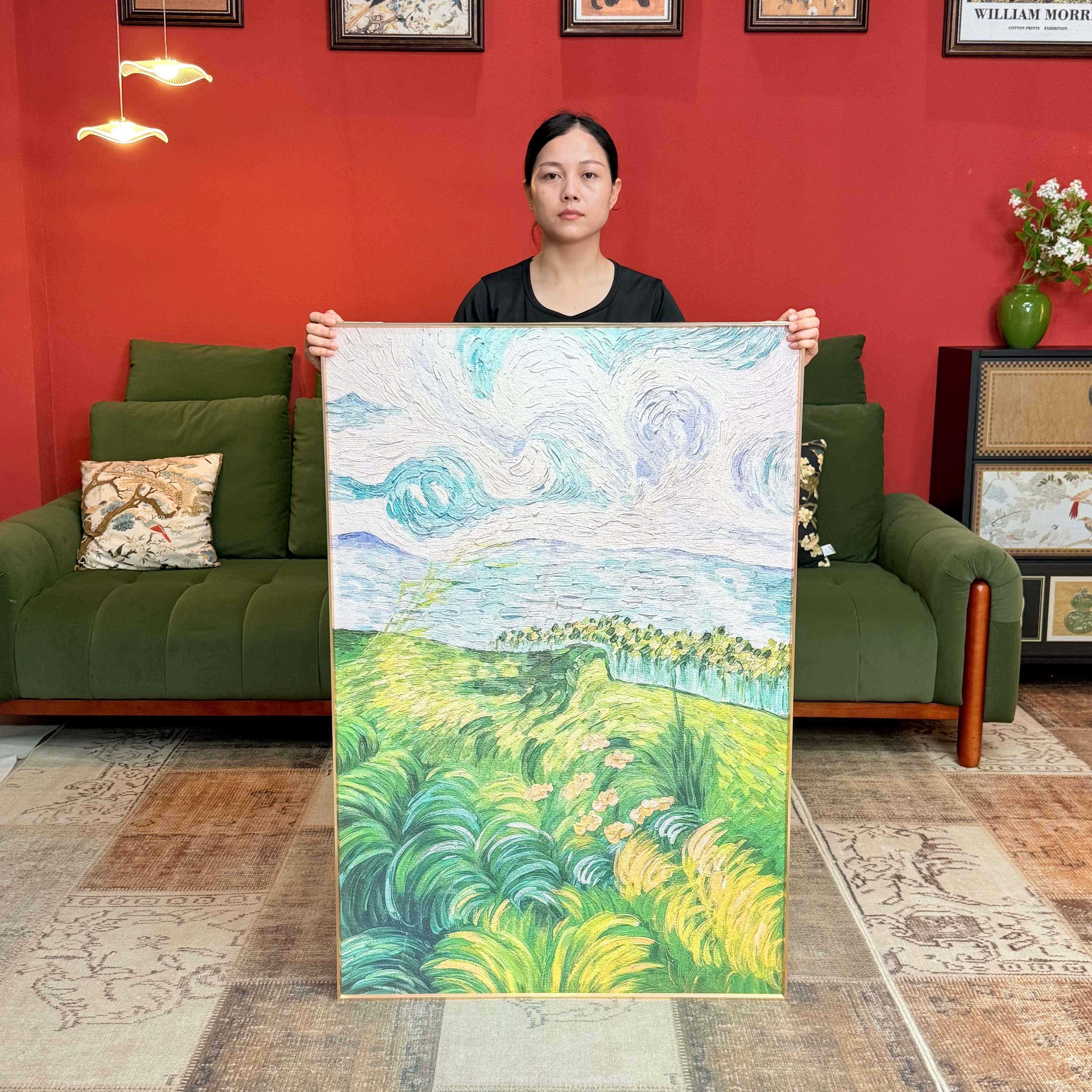 砂岩梵高绿色麦田现代简约风景装饰画K053客厅沙发卧室挂画80120