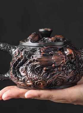 茶壶原矿祥大容量壶茶具立体紫壶壶龙雕手工满泥雕刻功夫高档泡茶