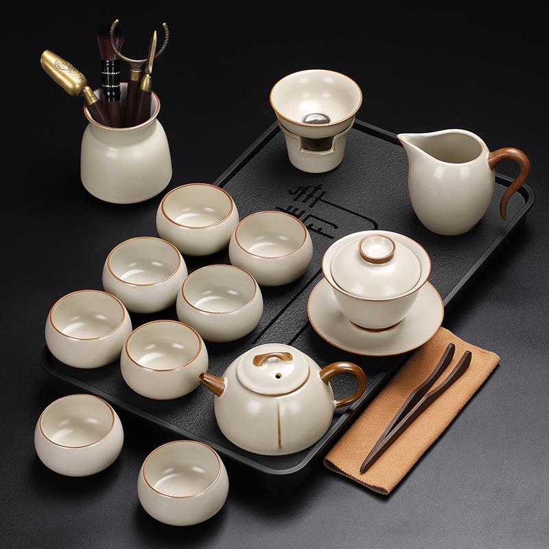 正品陶气 高档福轻奢汝窑功夫茶具装 家用石乌金色茶盘陶瓷套茶壶