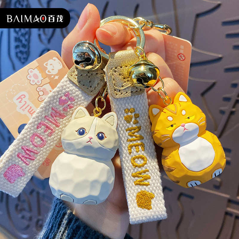 百茂原创木雕风喵喵家族钥匙扣可爱创意树脂猫咪钥匙链圈书包挂件
