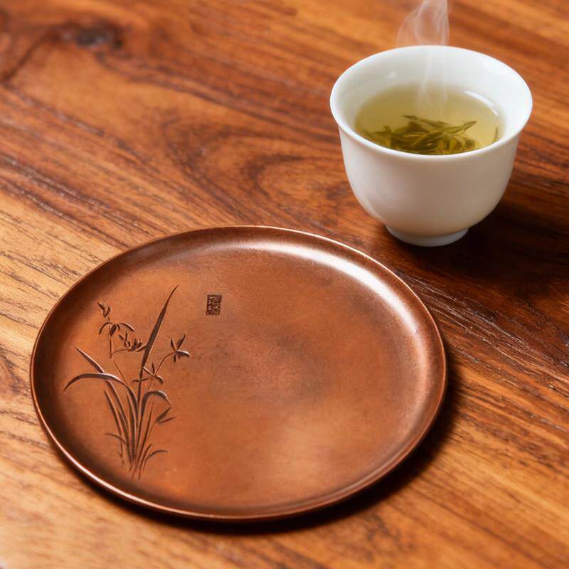 紫铜杯垫 茶托杯托 茶道铜垫隔热垫茶杯垫杯托垫雕刻梅兰竹菊松荷