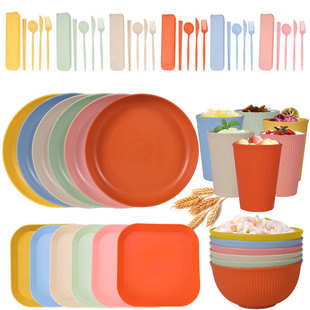 外贸电商小麦秸秆碗碟盘水杯刀叉勺筷子餐具6人份盘碗杯套装
