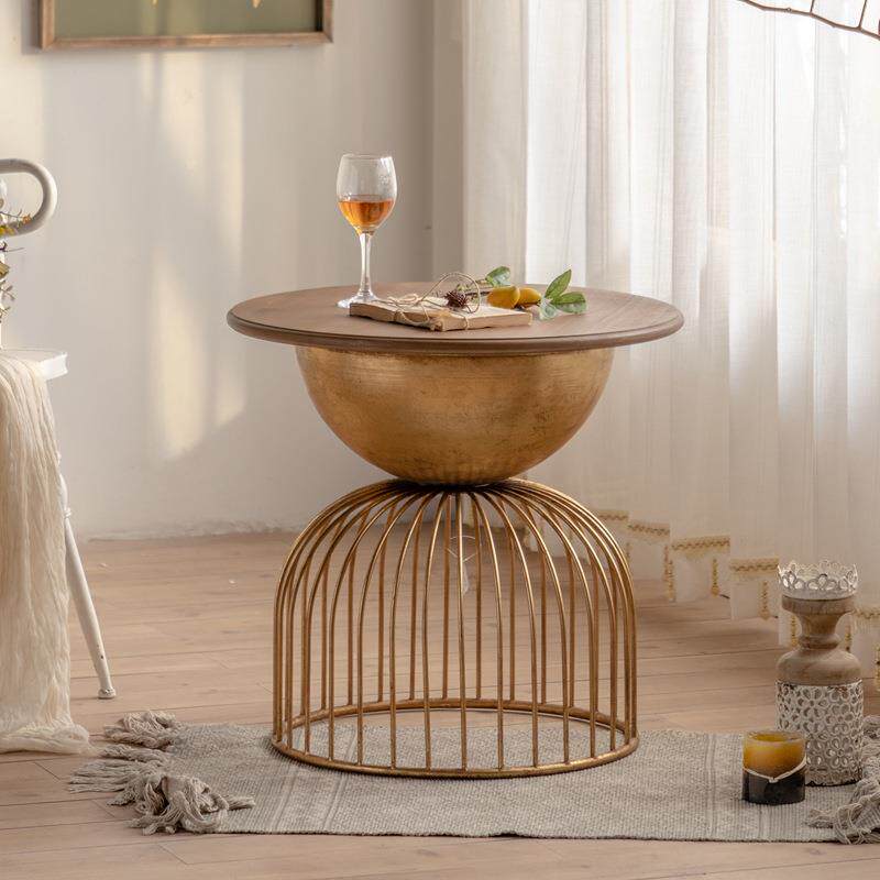 复古金色做旧大小圆桌子套装文艺客厅实木小茶桌格调阳台茶几
