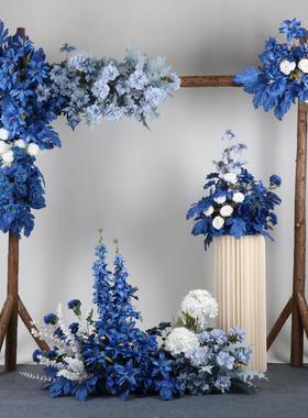 新款婚庆宝蓝色套系地排花婚礼堂仿真绢花成品装饰盆花T台路引花
