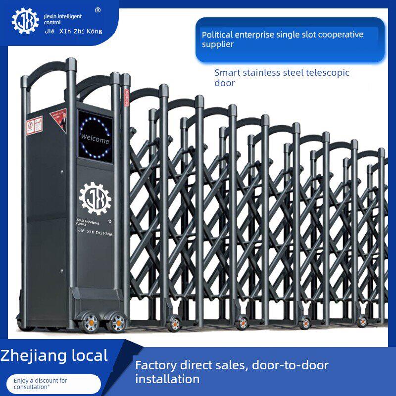 洁新不锈钢电动伸缩门学校工厂门铝合金自动折叠伸缩电动滑动门
