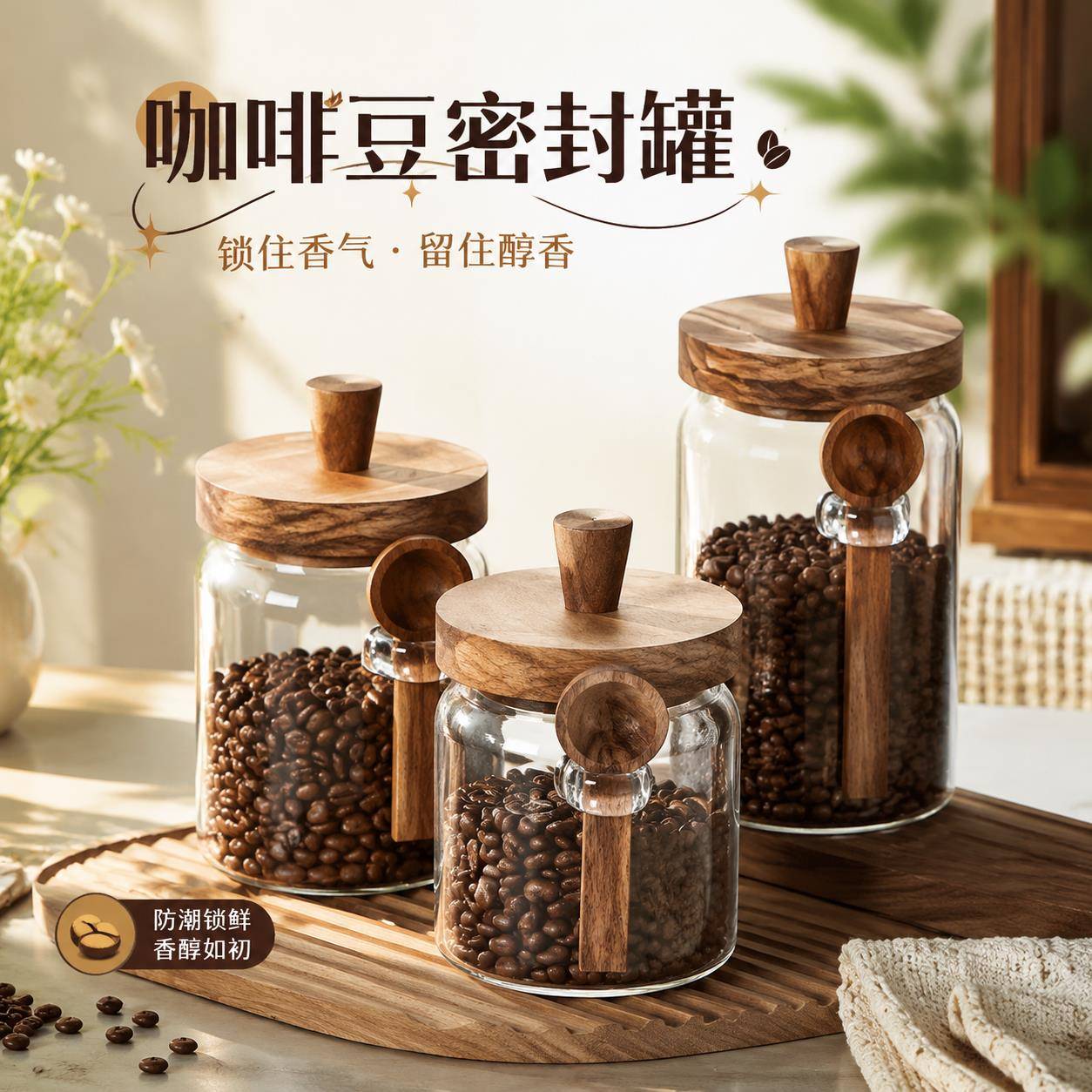 咖啡豆密封罐玻璃茶叶罐防潮保存罐带勺小瓶子豆子收纳盒2026新款