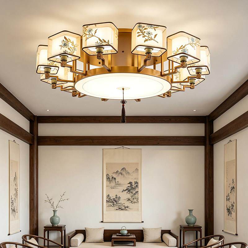 宋式美学客厅主灯新中式国风布艺灯具饭店包间别墅大圆餐厅吸顶灯