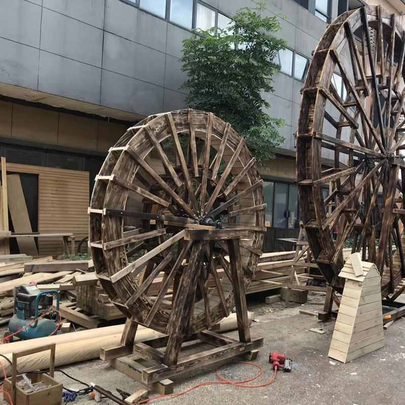 老式景观木质水车仿古圆水轮防腐木真实电动提中式复古