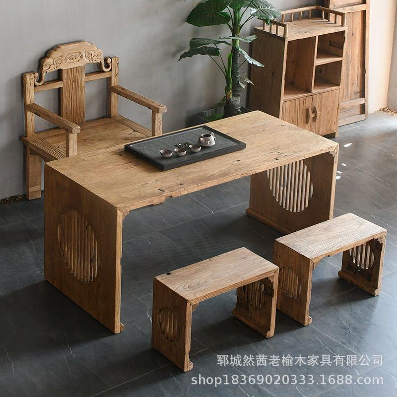 门复古老榆木茶民服桌装店QHP做旧装饰板桌宿实木办公室泡茶桌会