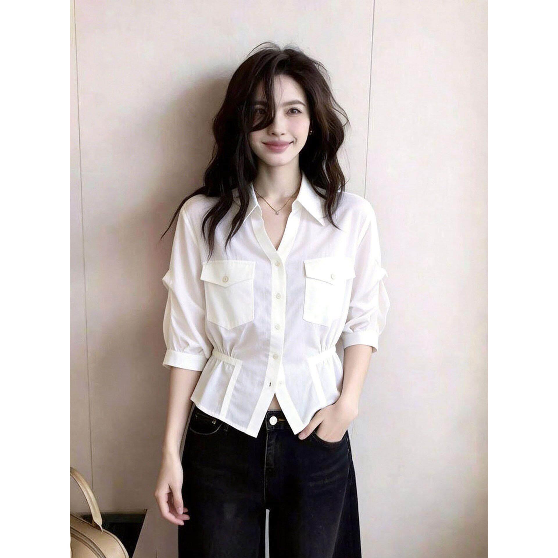 轻熟风白色翻领收腰衬衫女通勤百搭修身显瘦上衣春秋季新款七分袖