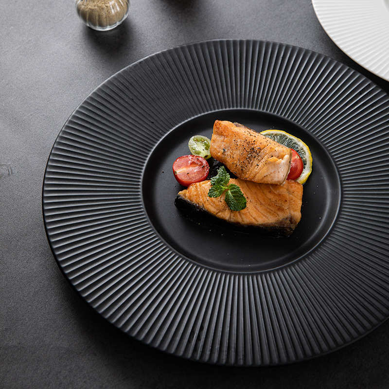 陶瓷餐具西餐厅摆盘轻奢黑白色酒店后厨私房菜盘子Temu代发