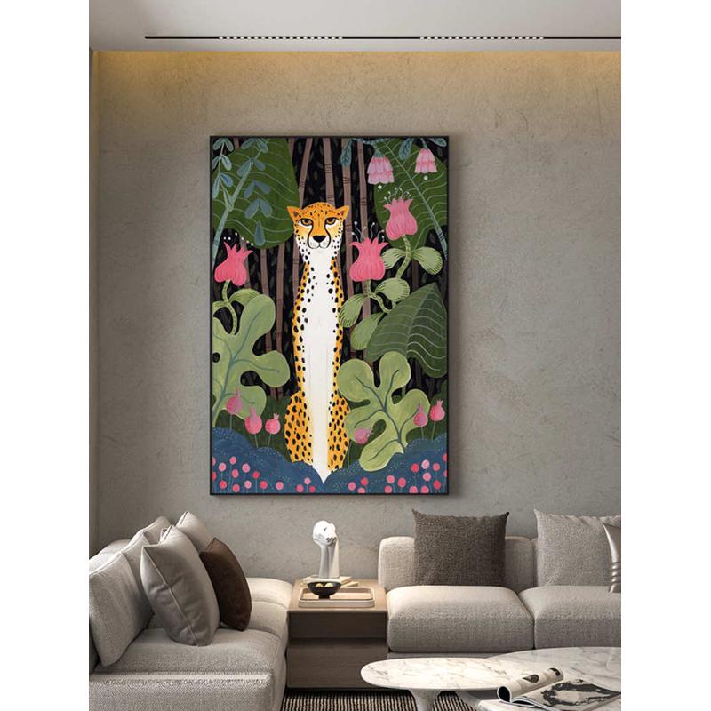 现代轻奢客厅餐厅走廊玄关装饰画插画动物豹子背景墙壁画竖版挂画图片