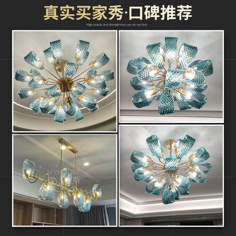 轻奢客厅吊灯孔雀蓝设计师新款艺术主灯高级感花朵饭厅卧室全铜灯
