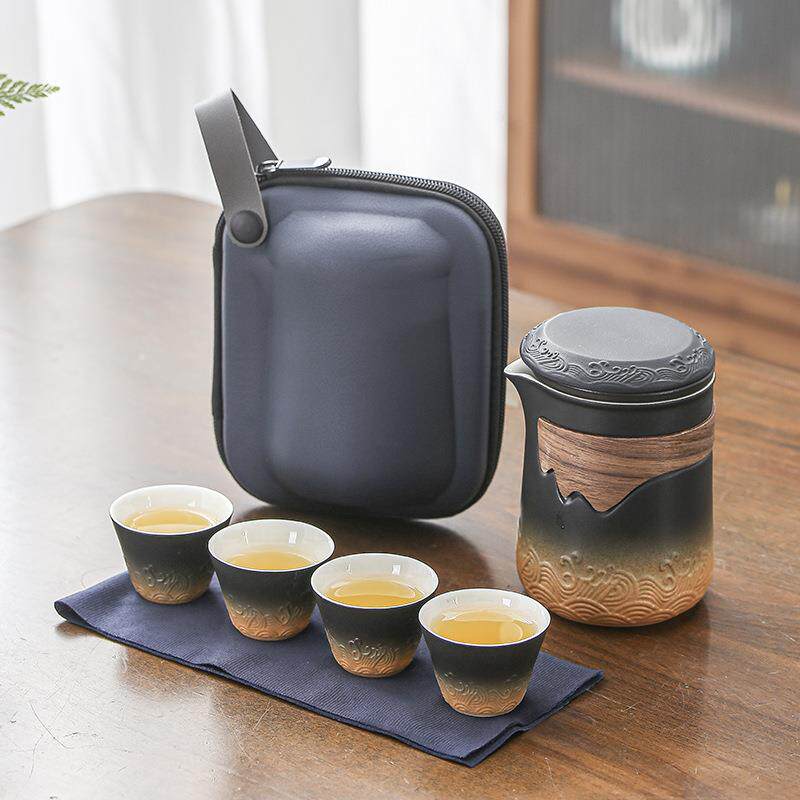 沧海快客杯黑棕一壶四杯粗陶旅行茶具便携式收纳包户外功夫泡茶器