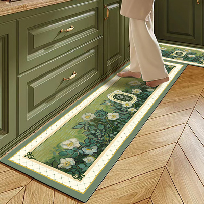 美式花朵厨房地垫防滑防油可擦免洗硅藻泥长条地毯耐脏防污脚垫子
