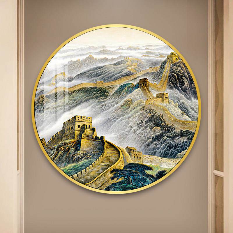 圆形万里长城装饰画气氛灯壁画客厅玄关走廊办公室挂画带灯靠山画