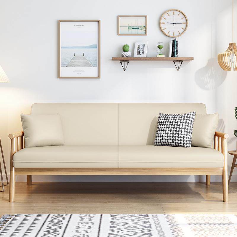 式皮艺双型人沙发小户实三木家用客厅日简约CMB现代橡胶木直排人