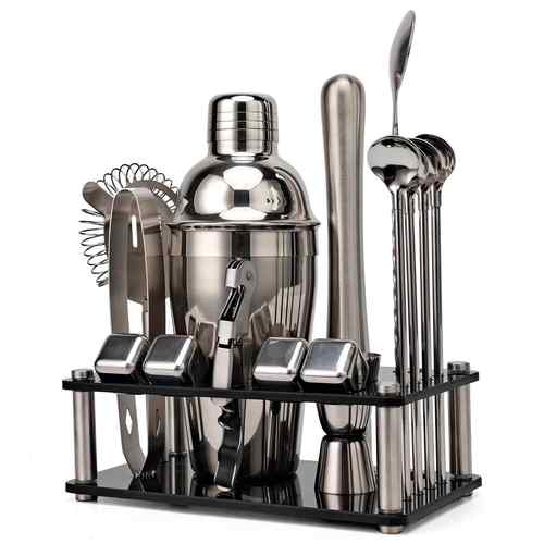 鸡尾酒调酒器15件套黑色亚克力冰粒吸管勺全钢碎冰棒套装酒吧工具