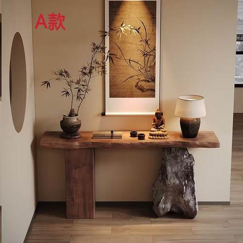 侘寂风原木自然边客厅玄关桌装饰条案端景台全实木酒店民宿玄关台