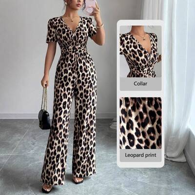 This Leopard Print Jumpsuit is Effortless Glam V Neck Wide