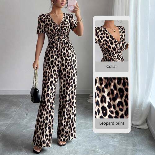 This Leopard Print Jumpsuit is Effortless Glam V Neck Wide