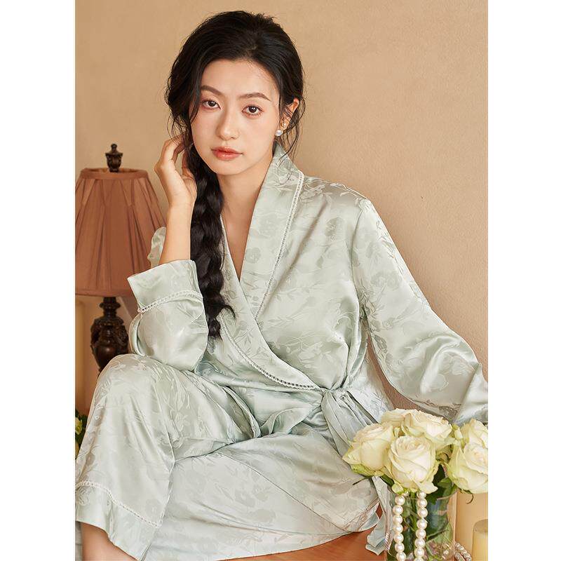 江南禾2025年冰丝睡衣女士春秋季青果领提花长袖长裤家居服套装