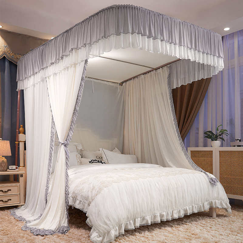 双层导轨蚊帐新款公主U型轨道防尘遮光家用卧室三开门落地加粗密