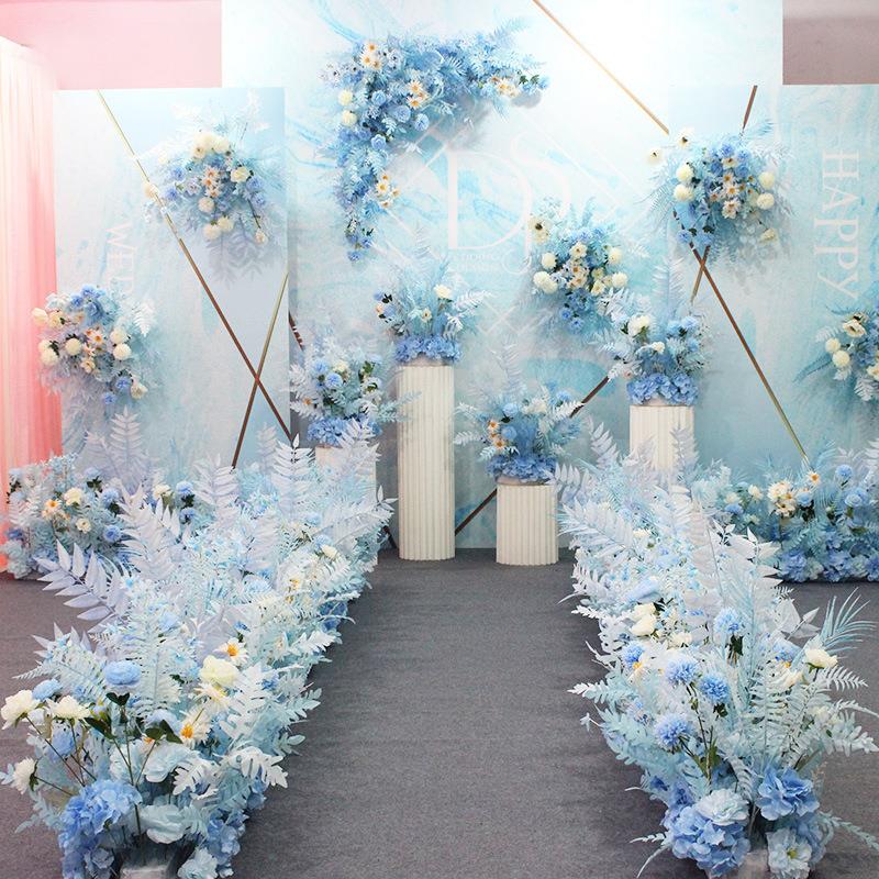 蓝色甜美系婚庆成品仿真花艺婚礼地排花路引花点角花背景舞台迎宾