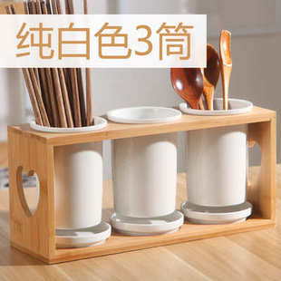 现代简约纯白三筒沥水竹制筷筒 批发 家用餐具置物收纳筷架