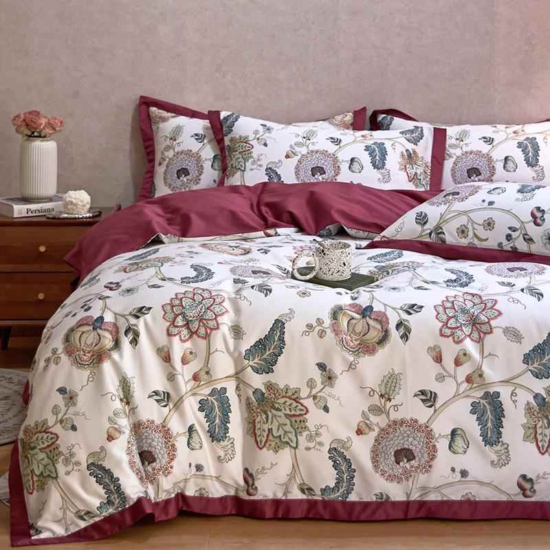 RI0T田园风美式80支长绒棉四件套纯棉印花贡缎床笠款床单床上
