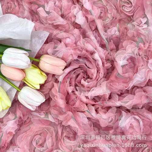 2022新品多色绣花三合一童装玫瑰面料绣花盘带网纱立体绣花布